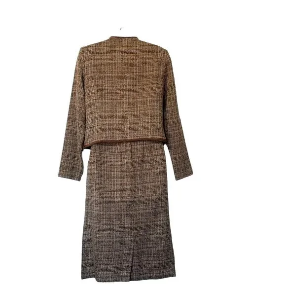 Vtg Skirt Blazer Suit Brown Tweed 5 Button Decorative Trim Faux Wrap Skirt Midi - Picture 4 of 16